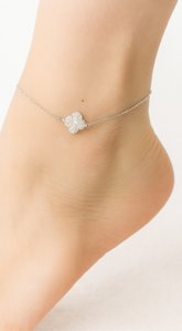 Cubic Zirconia Embellished Quatrefoil Charm Anklet - Silver